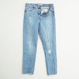 Levis Premium Wedgie Jeans Size 26 Light Wash Distressed Button Fly Raw Cut Hem